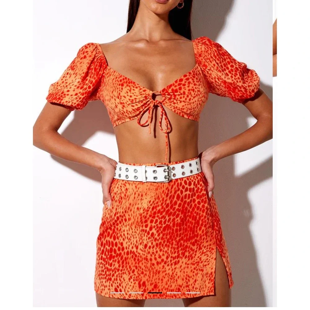 Motel Rocks XS Orange Red Animal Print Crop Top Skirt Set Mini Club Party Rush